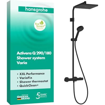 Hansgrohe Activera Q Douchesysteem max. 6 l/min (EcoSmart+) met thermostaat, regendouche (290x180mm) met douchekraan, handdouche (2 jets), doucheslang, glijstang en douchekop, mat zwart, 28749670 Hansgrohe Activera Q Douchesysteem max. 6 l/min (EcoSmart+) met thermostaat, regendouche (290x180mm) met douchekraan, handdouche (2 jets), doucheslang, glijstang en douchekop, mat zwart, 28749670