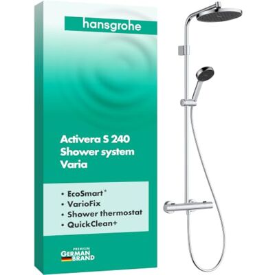 Hansgrohe Activera S waterbesparend Douchesysteem (EcoSmart) met thermostaat, regendouche (240 mm) met douchekraan, handdouche (2 jets), doucheslang, glijstang en douchekop, chroom, 28078000 Hansgrohe Activera S waterbesparend Douchesysteem (EcoSmart) met thermostaat, regendouche (240 mm) met douchekraan, handdouche (2 jets), doucheslang, glijstang en douchekop, chroom, 28078000