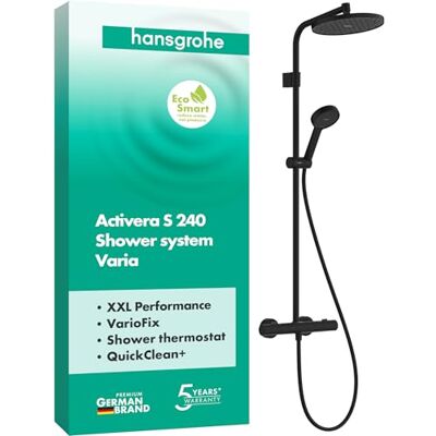 Hansgrohe Activera S waterbesparend Douchesysteem (EcoSmart) met thermostaat, regendouche (240 mm) met douchekraan, handdouche (2 jets), doucheslang, glijstang en douchekop, mat zwart, 28078670 Hansgrohe Activera S waterbesparend Douchesysteem (EcoSmart) met thermostaat, regendouche (240 mm) met douchekraan, handdouche (2 jets), doucheslang, glijstang en douchekop, mat zwart, 28078670