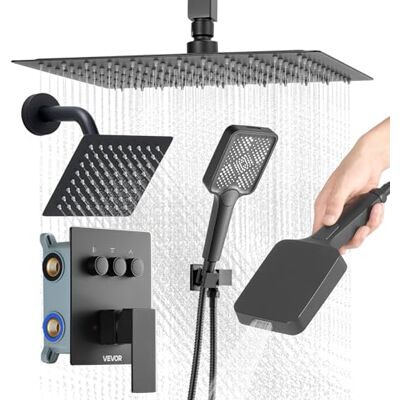 VEVOR Douchekraanset, 30,5 cm plafondmontage regendouchesysteem met 6 inch wandmontagekop en 4-in-1 handspray, draaibare 3-functie dubbele regenkop messing klep en trim kit, mat zwart VEVOR Douchekraanset, 30,5 cm plafondmontage regendouchesysteem met 6 inch wandmontagekop en 4-in-1 handspray, draaibare 3-functie dubbele regenkop messing klep en trim kit, mat zwart