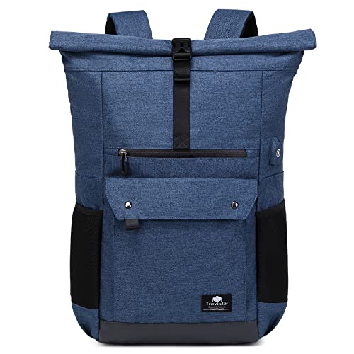 Travistar Rolltop rugzak, laptoprugzak, dagrugzak, grote reisrugzak, handbagage, 15,6 inch, rolrugzak, schoolrugzak, werkrugzak, blauw, Rugzak