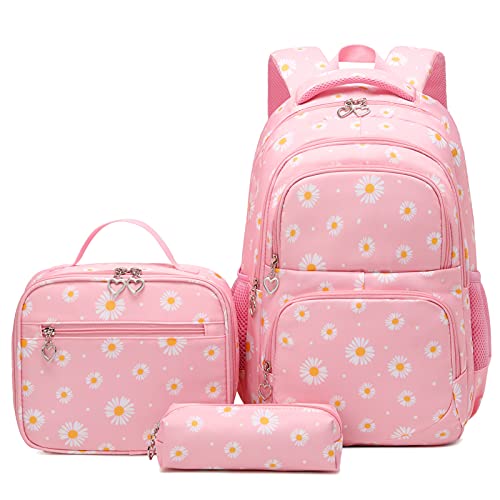 SIVENKE Schoolrugzak Set met Lunch Pack Potlood Case 3 stks Boekentas voor Middelbare School, Madeliefje roze, Schooltas Set