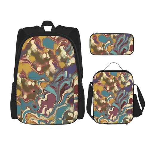 OUSIKA 3 stuks Romano Art Print Rugzak Sets Casual Dagrugzak met Lunch Box Potlood Case voor Vrouwen Mannen, Zwart, Eén maat, Rugzak Rugzakken