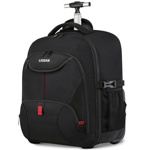 LIGSAN Reisrugzak met wielen, 18 inch rugzak op wielen voor mannen en vrouwen, rollende laptoptassen op wielen, waterdichte rugzak, cabinetas met wielen, trolley, rugzak, koffer, zakelijke schooltas, zwart