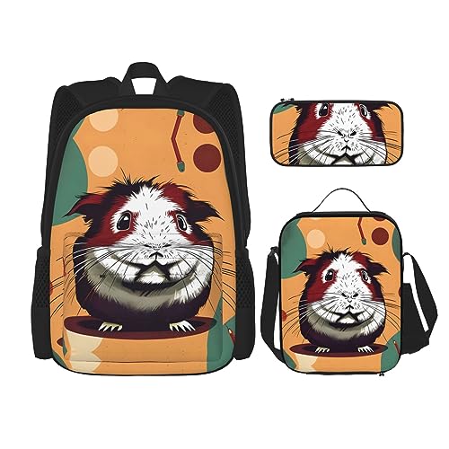 DRTGEDS 3Pcs Rugzak Sets, Cavia Patroon Gedrukt Rugzakken Set Met Lunch Tas Potlood Pouch, Cavia Patroon, One Size, Dagrugzak Rugzakken