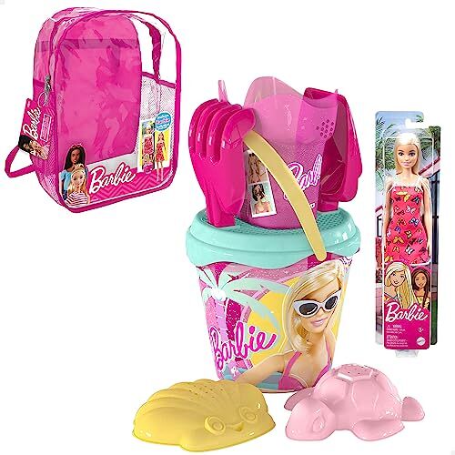 COLORBABY 77387 Barbie strandset voor kinderen, strandemmer met schep, hark, gieter en accessoires, strandrugzak voor meisjes, kinderstrandset, rugzak met speelgoed