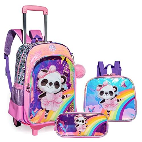 HTgroce Schoolrugzak met wielen, voor meisjes, rugzak met trolley voor school, wielen, voor meisjes, met een etui en een lunchtas, Panda