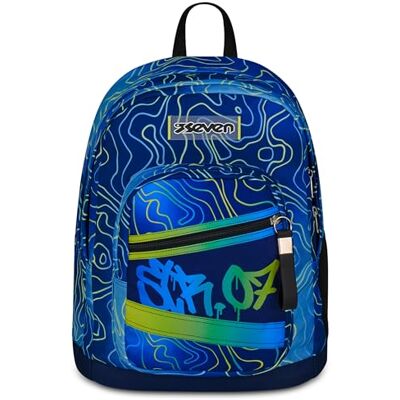 Seven Rugzak New Fit, dubbel vak, drinkfleszak, school en vrije tijd, kinderen en jongeren, Blauw/Geel, Uniek, Casual Seven Rugzak New Fit, dubbel vak, drinkfleszak, school en vrije tijd, kinderen en jongeren, Blauw/Geel, Uniek, Casual