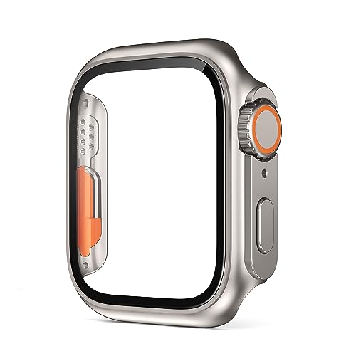 vkeid PC Firm Cover voor horlogekast 45 mm 41 mm 44 mm 40 mm 42 mm 38 mm Glas Uiterlijk Upgrade Ultra iWatch Series 8 7 SE SE2 6 5 4 3 (Kleur: Titanium Goud, Maat: 44 mm)