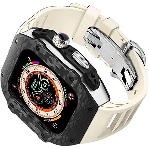 ONECMN Koolstofvezel horlogekast+rubberen horlogeband mod kit, voor Apple Watch SE 8/7/6/5/4, mannen 49 mm roestvrij stalen horlogekast gesp titanium bescherming cover vervanging kit, voor Iwatch 44