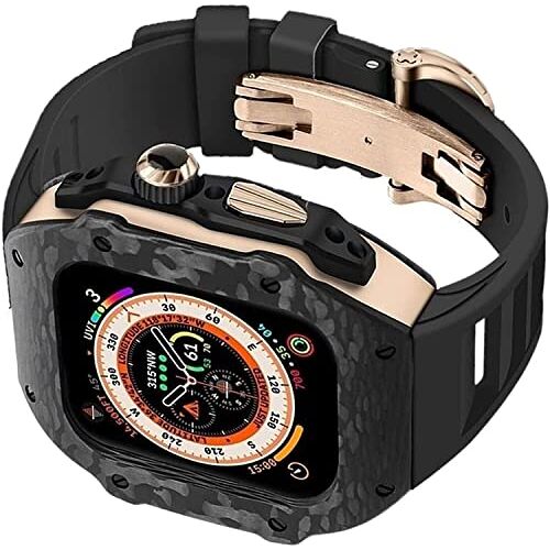 VEVEL Koolstofvezel horlogekast+rubberen horlogeband mod kit, voor Apple Watch SE 8/7/6/5/4, mannen 49 mm roestvrij stalen horlogekast gesp titanium bescherming cover vervanging kit, voor Iwatch 44 mm