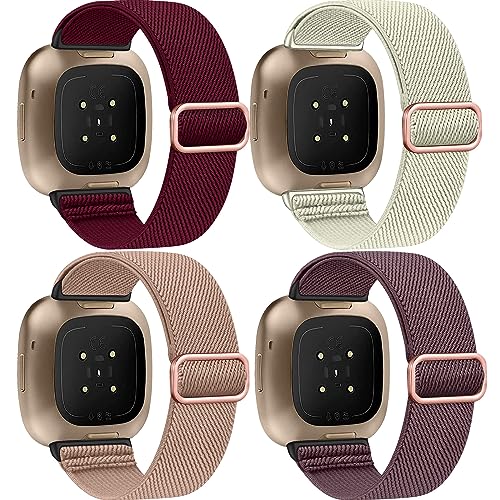 Zspoly Set van 4 elastische nylon banden, compatibel met Fitbit Versa 4 / Fitbit Versa 3 / Fitbit Sense 2 / Fitbit Sense 2 / Fitbit Sense bandjes, verstelbare zachte geweven sportband voor dames en