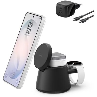 Belkin UltraCharge 3-in-1 Draadloze Oplader met USB-C Poort voor Smartwatch + 45W Adapter (watch-lader niet meegeleverd), Qi2.2 Magnetisch 25W laadstation voor Samsung S26, Galaxy Watch, Apple Watch Belkin UltraCharge 3-in-1 Draadloze Oplader met USB-C Poort voor Smartwatch + 45W Adapter (watch-lader niet meegeleverd), Qi2.2 Magnetisch 25W laadstation voor Samsung S26, Galaxy Watch, Apple Watch
