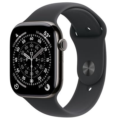 Apple Watch Series 11 GPS + Cellular 46 mm Smartwatch met kast van leisteen titanium, zwart sportbandje (S/M). Slaapscore, conditie bijhouden, gezondheid monitoren, Always‑On display, waterbestendig Apple Watch Series 11 GPS + Cellular 46 mm Smartwatch met kast van leisteen titanium, zwart sportbandje (S/M). Slaapscore, conditie bijhouden, gezondheid monitoren, Always‑On display, waterbestendig