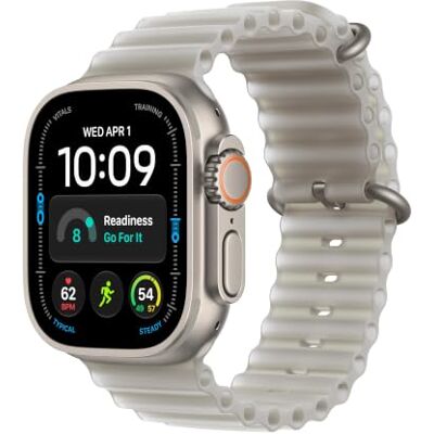 Apple Watch Ultra 4 GPS + Cellular, Smartwatch van Naturel titanium 49-mm kast, Doorschijnend Grijs Ocean‑bandje, Geavanceerde features voor gezondheid en conditie volgen Apple Watch Ultra 4 GPS + Cellular, Smartwatch van Naturel titanium 49-mm kast, Doorschijnend Grijs Ocean‑bandje, Geavanceerde features voor gezondheid en conditie volgen