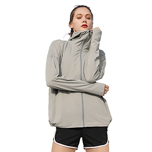 QinCo Zonbeschermende Kleding Jas Vrouwen Zonbescherming Hoodie Zonbescherming Kleding Anti UV Jas UPF50+ Rits Zonbescherming Kleding Lichtgewicht Sneldrogende Sport,Grijs,L