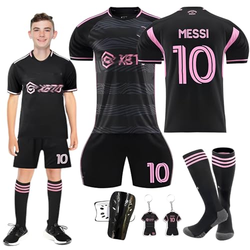 Byhsoep Voetbalshirt, voetbalshirt voor kinderen, met T-shirt, voetbalshirt met shorts, sokken en knieplaat, Mesi-zwart, 28/150-160cm