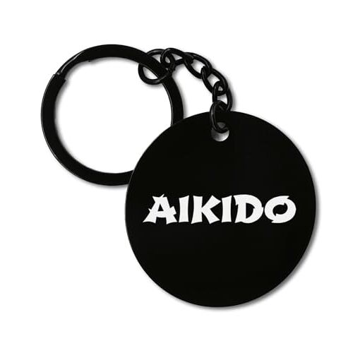 Lauthings Martial Arts Japanse Aikido Art Sleutelhanger Sleutelhanger Gegraveerde Tag Rvs Cirkel Token, Zwart, Eén maat