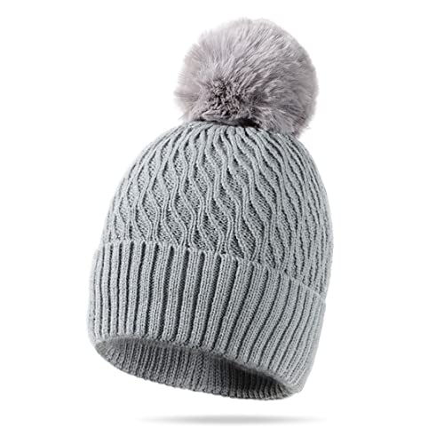 HyzaPhix Muts voor dames met pompon, wintermuts, wintermuts, wintermuts, gebreide wintermuts voor dames, grijs, M/L