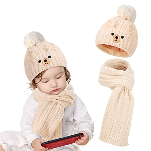 TAGVO Wintermuts, beanie, hoed, sjaalset voor kinderen, jongens, meisjes, muts, sjaalset, wintermuts, muts, sjaal, set voor kinderen, winterset, muts en gebreide sjaal voor meisjes, 3-10 jaar, beige,