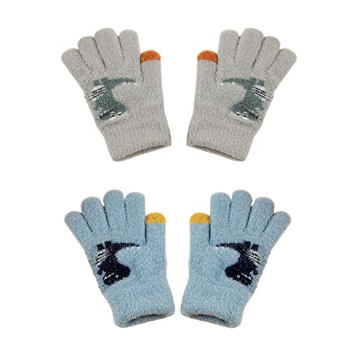 Snowtain 2 paar gebreide handschoenen voor kinderen,vingerhandschoenen voor kinderen,Winterhandschoenen voor kinderen kinderhandschoenen warme winterhandschoenen (Grijs, lichtblauw)