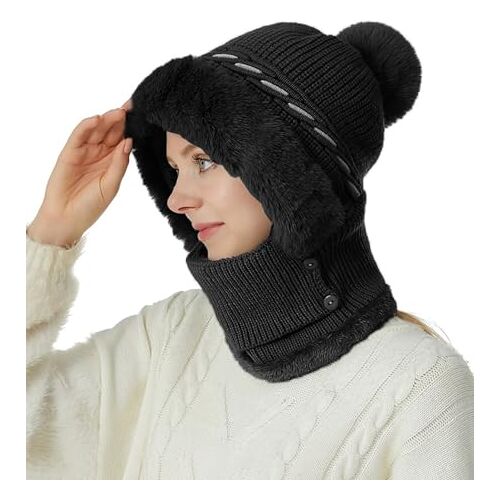 crazy bean Dames wintermutsen met sjaal gebreide mutsen nekwarmer warme gebreide muts skimasker, Zwart, Eén maat