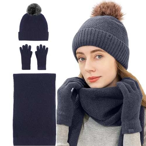 shizuku Dameshoed en handschoenenset Winter Gebreide muts sjaal handschoenen,Gebreide warme muts-sjaal met pompon, zachte fleece thermische wintersjaal-hoed-handschoenenset