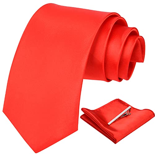 Aomig Heren stropdassen set, 3 stuks klassieke heren effen kleur stropdas set met zak vierkant en stropdas clip, premium pure kleur stropdas, formele stropdassen voor mannen, zakelijke bruiloft werk, 8 cm, Rood, Eén maat