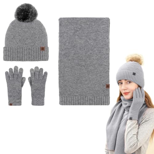 Bexdug Muts Handschoenen Sjaal Set Dames Winter sjaal muts handschoenen set Zachte fleece warme gebreide muts met pompon, sjaalhandschoenen voor schaatsen, reizen, rodelen, kamperen, wandelen,