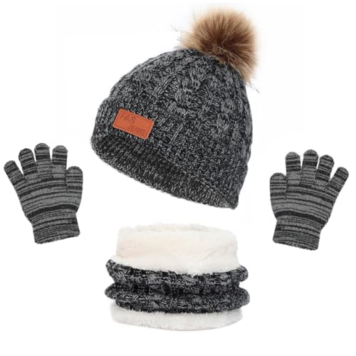 LINSOCLE 3-in-1 wintermuts voor kinderen, sjaal, handschoenen, winterbeanie, muts, set voor jongens, warm​Wintermuts, beaniemuts, handschoenen, ronde sjaal, set voor kinderen van 2-6 jaar.,