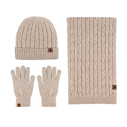 UnoSheng Sjaal winter dames gebreide hoed sjaal handschoenen set voor mannen en vrouwen muts handschoenen set heren, Kaki, One size