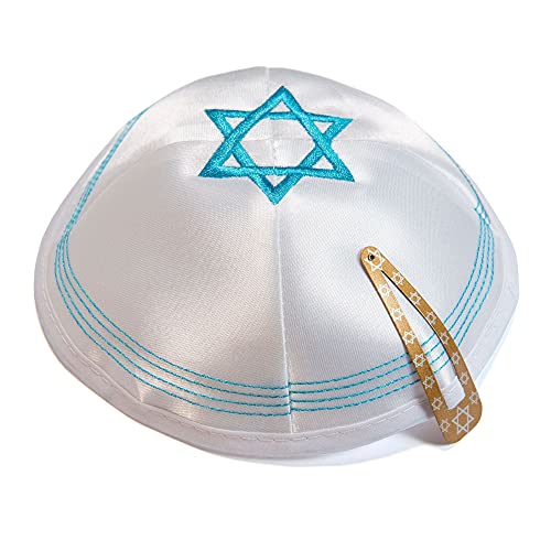 JL Kippha's Satijn 20cm Wit Blauw Magen David Kippah Joodse Cap Judaica Yarmulke Synagoge