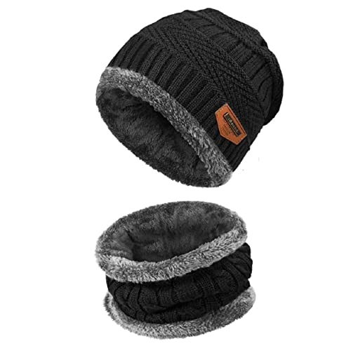 Lerkely Wintermuts sjaalset, gebreide wintermuts sjaal set met fleece voering voor vrouwen en mannen (zwart), zwart.