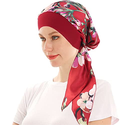 WUERKIYA Hoofddoek voor Dames Hoofddeksels Dames Chemo Hoofddeksels Voorgeknoopte Set Geplooide Headwrap Sjaals Cap Hat Dames wijn saffraan