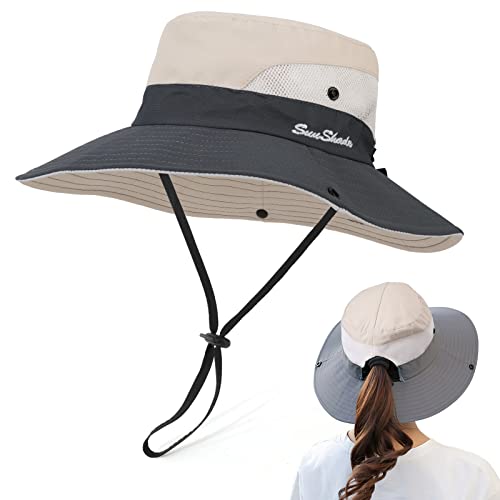 TAGVO Opvouwbare zonnehoed voor dames, zonnehoed, zomerhoed, UPF 50 + met nekkoord, brede rand, uv-bescherming, vishoed, mesh, paardenstaart, bucket cap voor dames, heren, strand, wandelen,