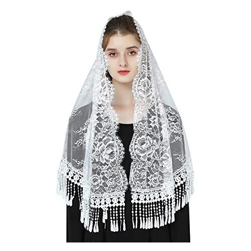 BEAUTELICATE Mantilla kanten katholieke sjaal sluier stola met kwast zwart wit voor dames beurs latin kapel kerkelijk bruiloft V118, Wimper wit rozenpatroon, Eén maat