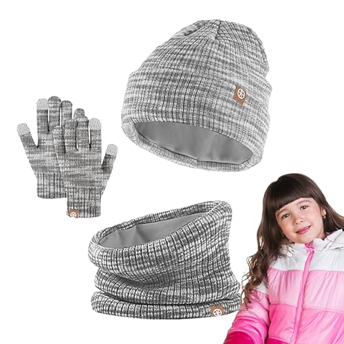 KARFRI winterhandschoenenset, warme fleece gebreide handschoenen, thermische touchscreen handschoenenset, heren en dames muts handschoenen sjaal, gebreide sets muts pompom (25 * 30 * 5 cm)