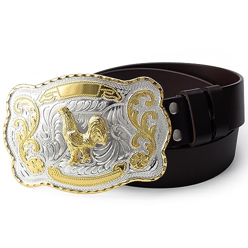 NVNKING cowboy riemen voor mannen, mannen retro riem, mannen riem gouden kip, westerse cowboy riemen voor mannen kip serie, lederen riem 3D kip dier patroon legering gesp vintage riem, Bruin., 125