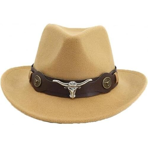 ZULOW Fedora Hoeden met Leren Riem Brede Wolvilt Panama Hoed Cowboy Hoed Cowgirl Caps Casual Jazz Hoeden for Mannen Vrouwen (C : Beige)