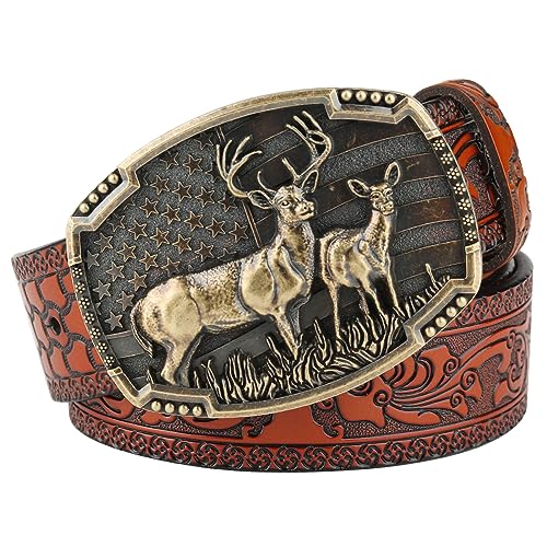 NVNKING cowboyriemen voor mannen, retro riem voor mannen, westerse riemen voor mannen, cowboyriemen voor mannen, heren riem, cowboy lederen riem brons dier herten reliëf patroon gesp vintage reliëf