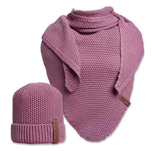 Hilltop 2-delige uniseks winterset, dames muts en sjaal, herenmuts met gebreide sjaal, XXL driehoekige sjaal met gebreide muts, cadeau voor vrouwen en mannen, roze, One size