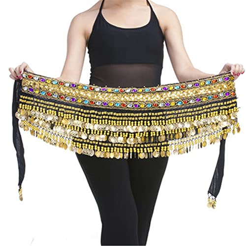 ANNURA Buikdansrok, Buikdans Hippe Sjaal, Dames Buikdansriem Hippe Sjaal Buikdanskostuum Riem Buikdansen Hippe Sjaal Danser Heupdoek Kralen Munten (Color : Black, Size : One Size)