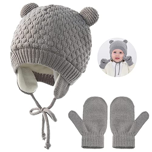 Zoonvii Baby muts beanie gebreide muts baby gebreide warme wintermuts handschoenen set, hoeden herfstmuts met oorkleppen, baby winter hoed, effen kleur wintermuts, uniseks babymuts, voor kinderen van 1-4 jaar