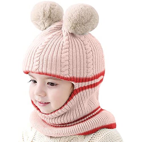 crazy bean Babymuts voor meisjes, winter, sjaal, set, muts, babymuts en sjaal, 3-in-1, gebreid, voor baby's, kinderen, winter, hoeden voor 2-8 jaar, Beige, Eén maat