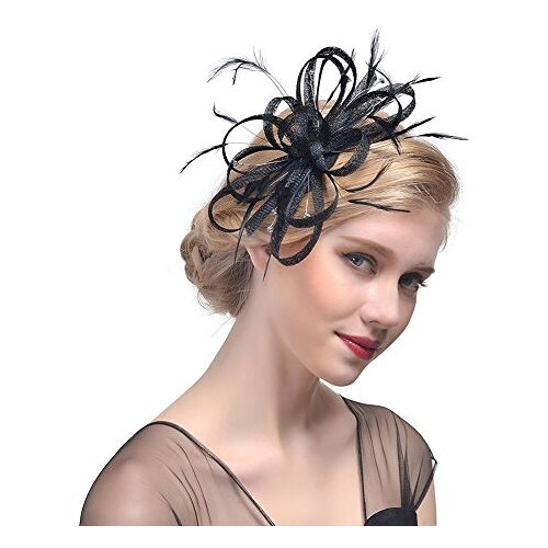 Amorar Fascinator haarclip voor dames, banket, hoed, hoofdband, veer, bloem, sluier, bowler, bruid, hoed voor cocktails, bruiloft, wegwerpverpakking, zwart, Eén maat