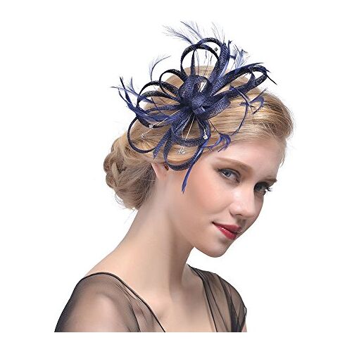 Amorar Fascinator haarclip voor dames, banket, hoed, hoofdband, veer, bloem, sluier, bowler, bruid, hoed voor cocktails, bruiloft, wegwerpverpakking, marineblauw, Eén maat