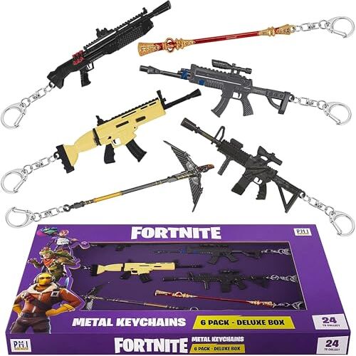 GIMSS Fortnite sleutelhanger van metaal, 6 stuks, Deluxe Box, 20 x 31 cm, Battle Royale Collection verzamelfiguren, 4 versies (model 1)