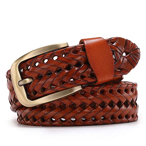 FOOOZ Mannen Echt Leer Gevlochten Riemen Singels Hand Vintage Riemen voor Mannen Gouden Pin Gesp Casual voor Jeans Riem, oranje, 115cm