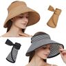 Maylisacc Maylisa oprolbare dames brede rand stro zonneklep hoed, opvouwbare zomer topless zonnehoeden voor dames verstelbare UV-klep met strik (2 Pack-BlackStripe & Khaki, One size)