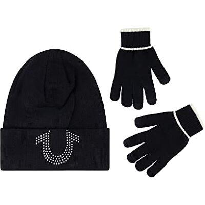 True Religion Muts voor dames, met touchscreen-handschoenenset, gebreide wintermuts met strass-logo en touchscreen-wanten, Zwart, one size True Religion Muts voor dames, met touchscreen-handschoenenset, gebreide wintermuts met strass-logo en touchscreen-wanten, Zwart, one size